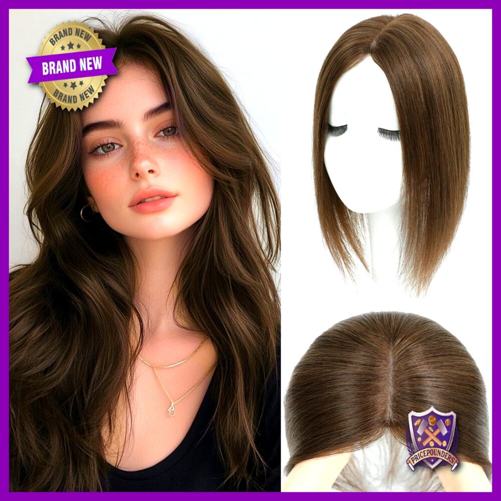Real Human Hair Topper 12 Inch Medium Brown 150% Density Mono Base Volume